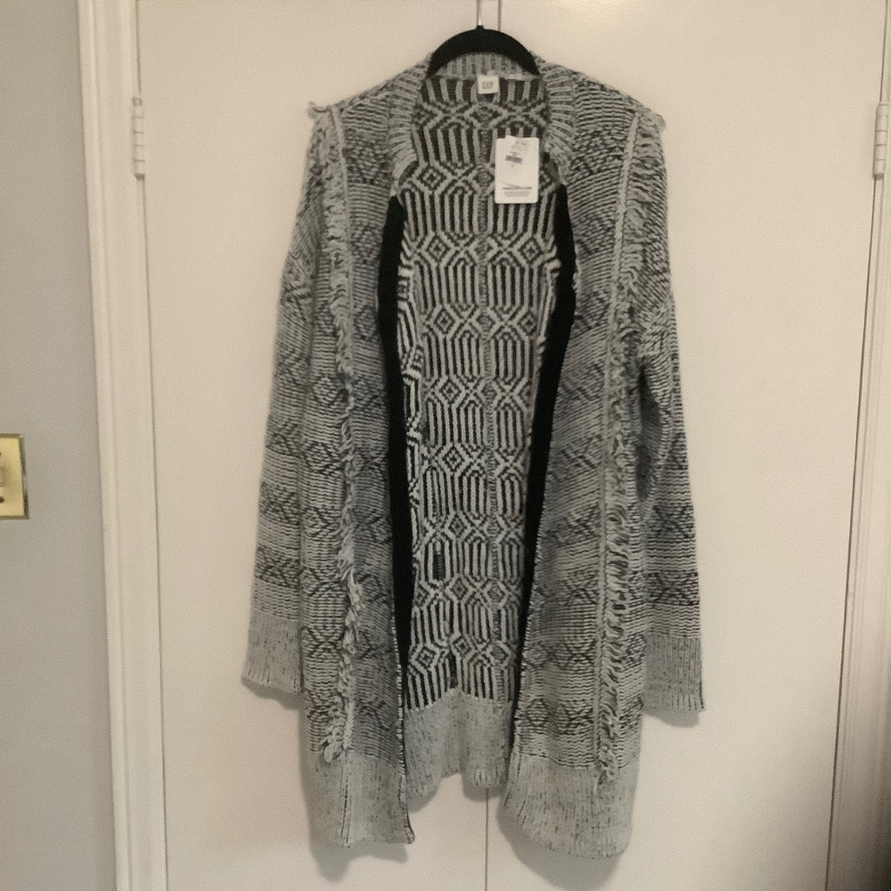 Women's Long Line Open Cardigan Black and White Sweater